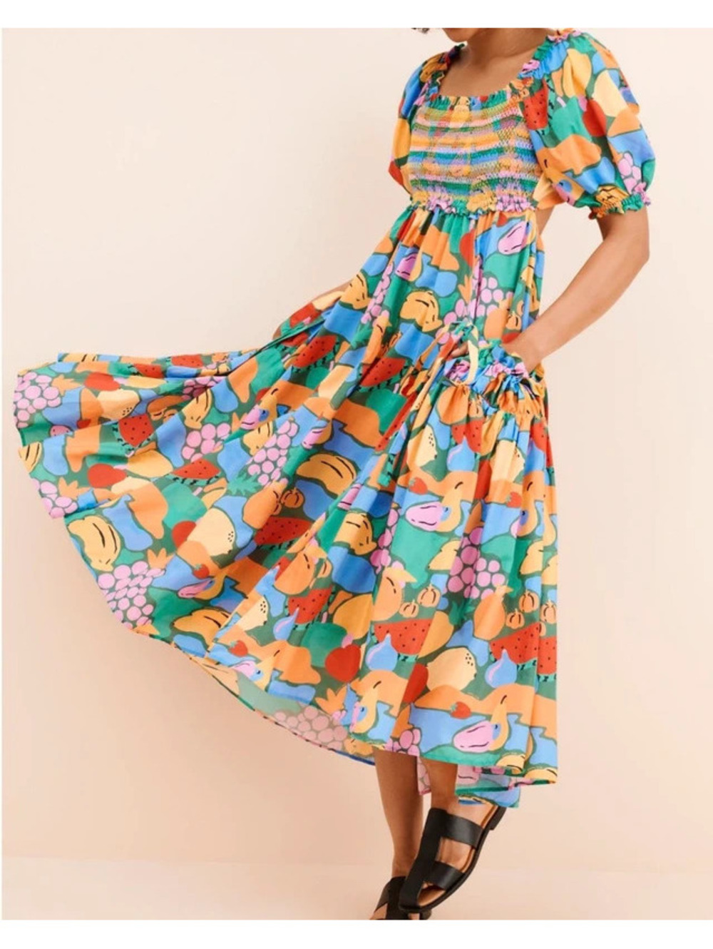Anthropologie-Farm Rio- Fruit Landscape Short sleeve Midi -Lg